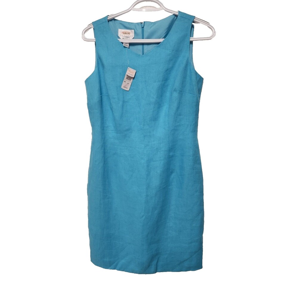 Talbots Petites Womens Blue Pure Irish Linen Dress Sleeveless Sheath 4P